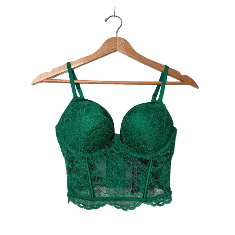 Victoria's Secret Very Sexy Bustier Top 32C Green Lace Mesh Push Up Corset